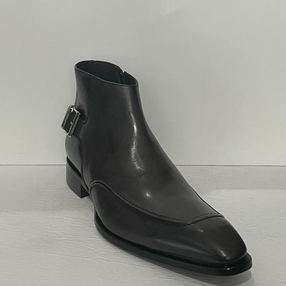 Duca ankle boot charcoal point toe Atalian leather side zipper side buckle